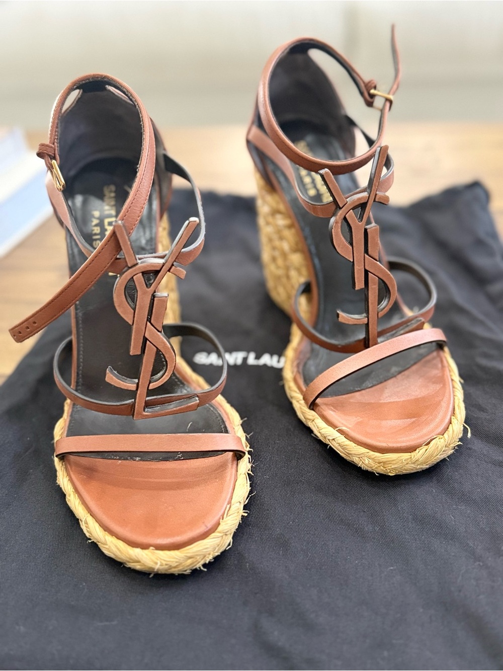 Saint Laurent Cassandra tan leather wedge sandals
